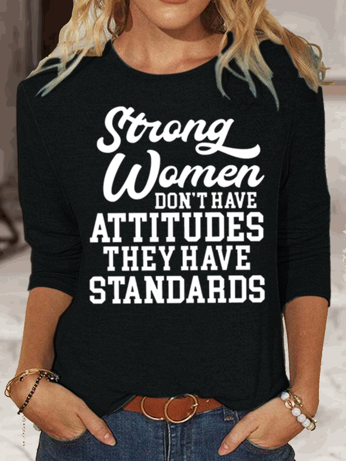 Long Sleeve Crew Neck Text Letters Casual Regular Blouse
