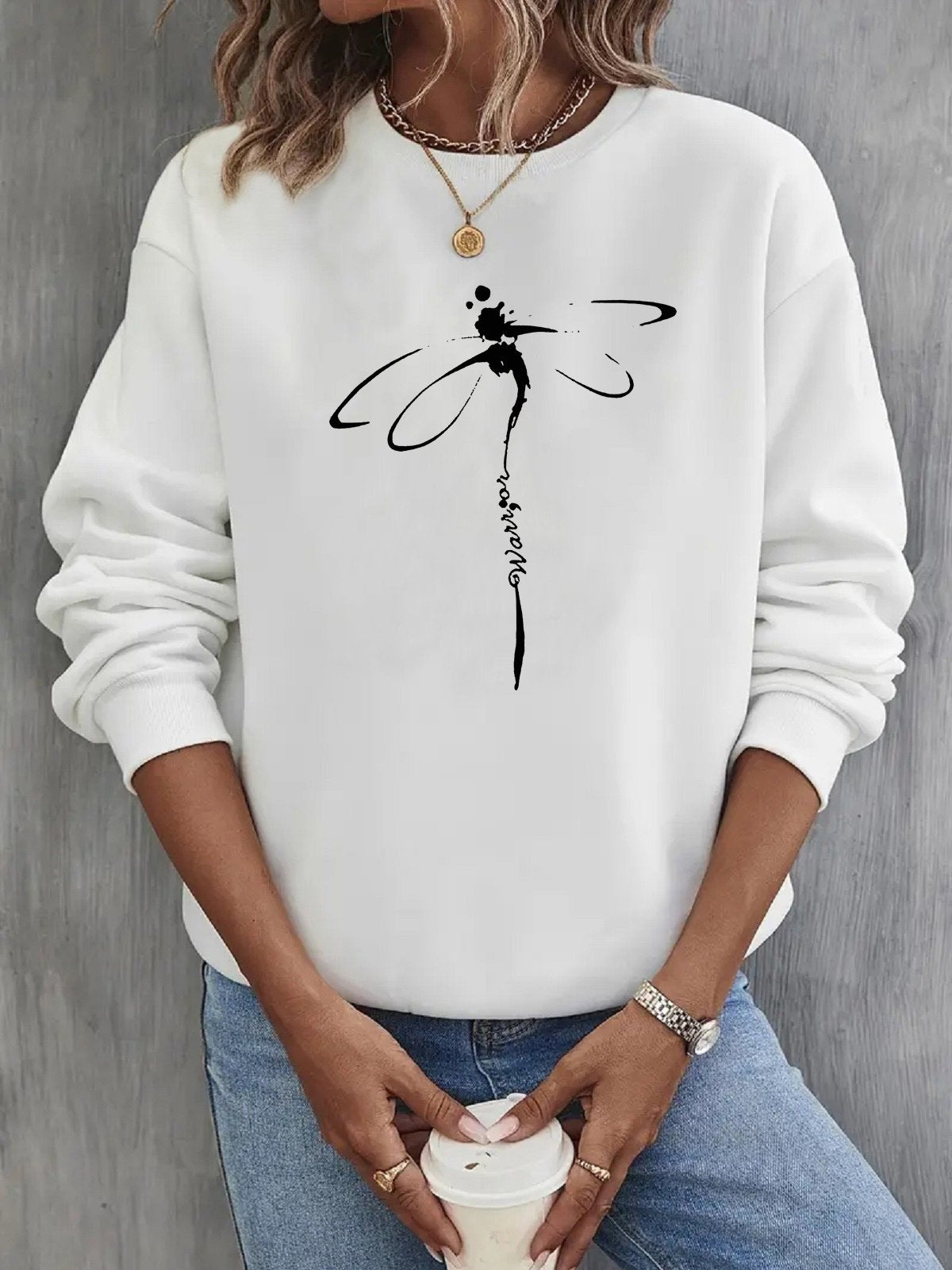 Casual Long Sleeve Crew Neck Dragonfly Loose Regular Sweatshirt