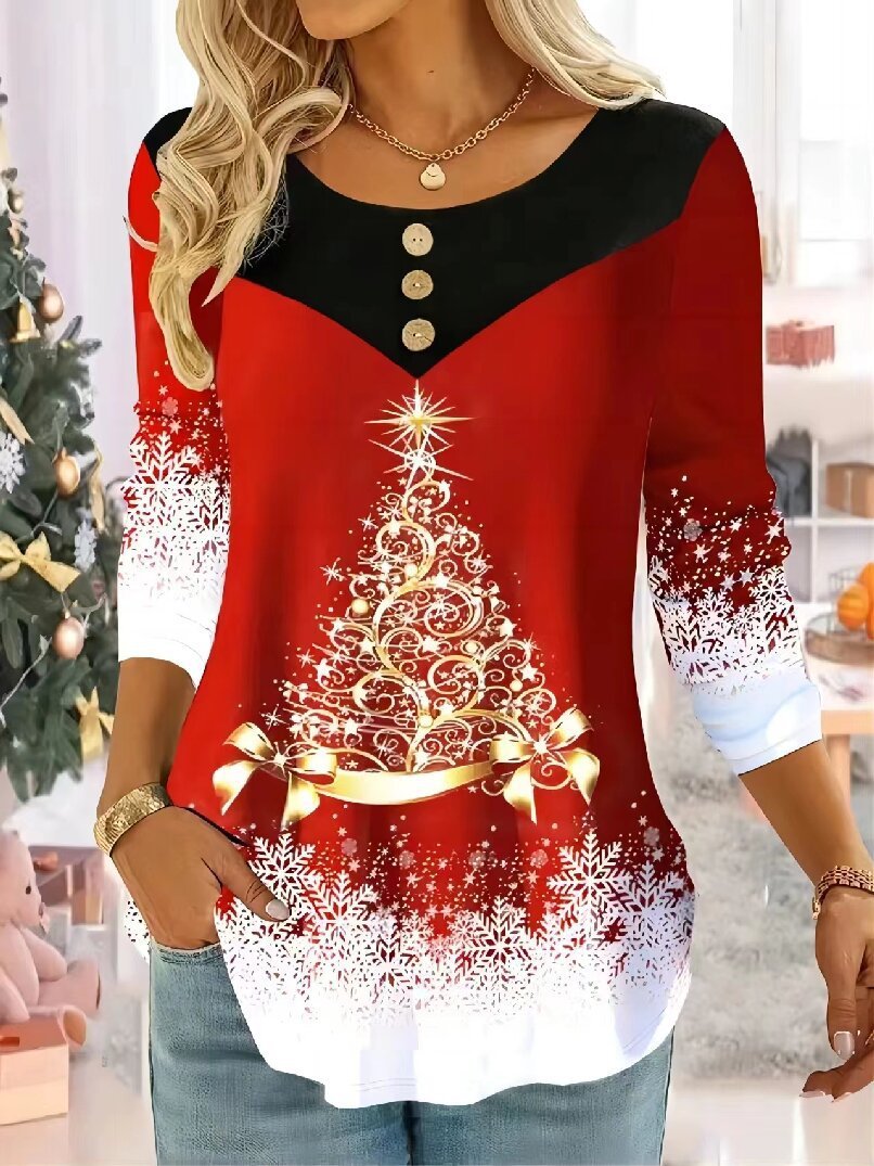 Casual Long Sleeve Crew Neck Christmas Loose Regular Blouse
