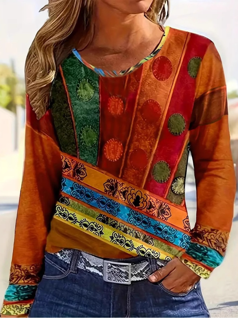 Loose Long Sleeve Crew Neck Ethnic Floral Casual Regular T-Shirt