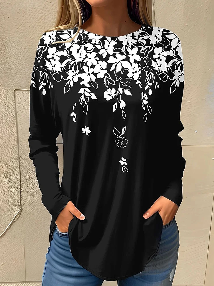 Casual Long Sleeve Crew Neck Floral Loose Regular Blouse