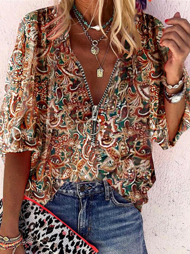 Loose Three Quarter Sleeve V Neck Nationality Zipper Vacation Regular Blouse