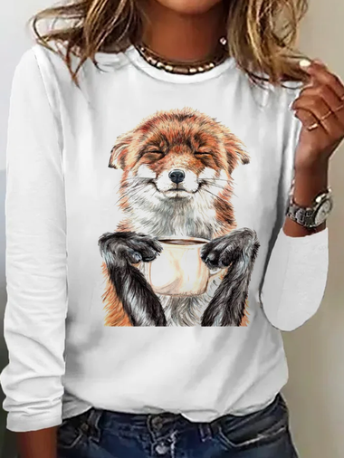 Loose Long Sleeve Crew Neck Animal Casual Regular T-Shirt