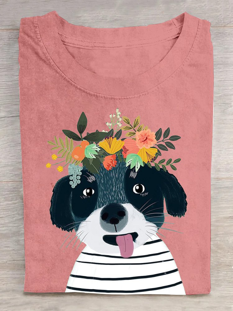 Loose Short Sleeve Crew Neck Dog Floral Casual Regular T-Shirt
