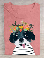 Loose Short Sleeve Crew Neck Dog Floral Casual Regular T-Shirt