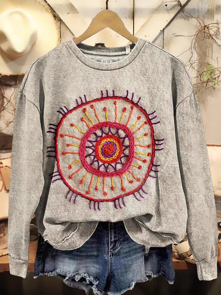 Loose Long Sleeve Crew Neck Ethnic Casual Regular Sweatshirt