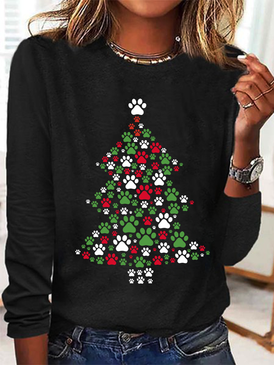 Loose Long Sleeve Crew Neck Christmas Casual Regular T-Shirt