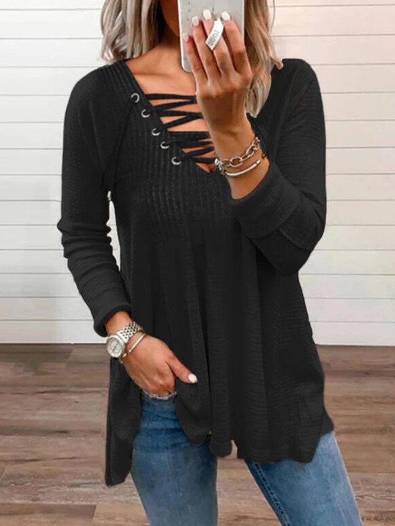 Casual Long Sleeve Cross Neck Plain Loose Regular Blouse