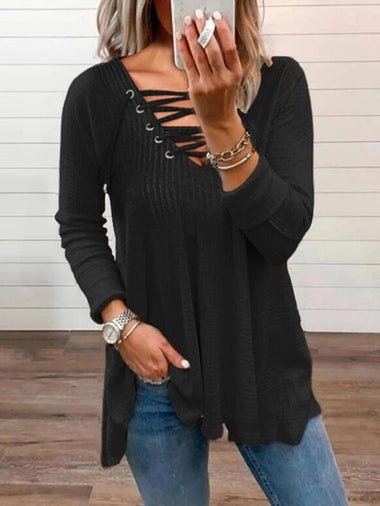 Casual Long Sleeve Cross Neck Plain Loose Regular Blouse