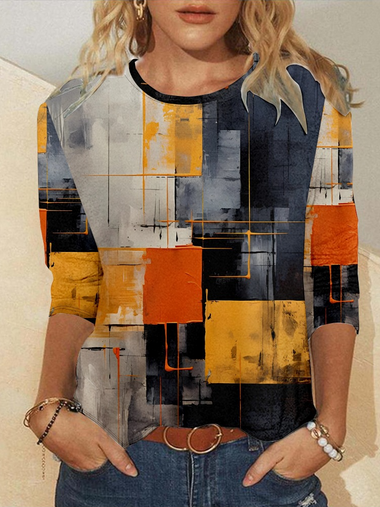 Casual Long Sleeve Crew Neck Geometric Loose Regular T-Shirt