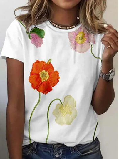 Casual Short Sleeve Crew Neck Floral Loose Regular T-Shirt