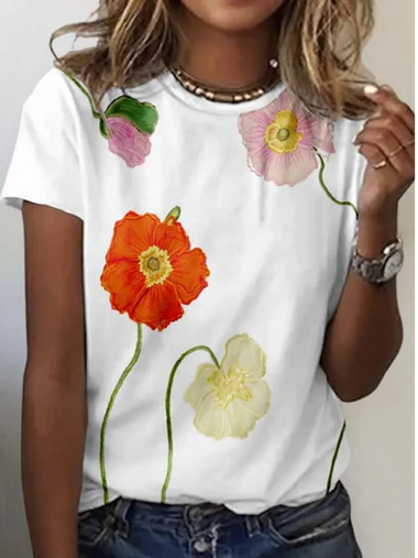 Casual Short Sleeve Crew Neck Floral Loose Regular T-Shirt