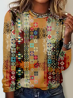 Casual Long Sleeve Crew Neck Ethnic Loose Regular T-Shirt