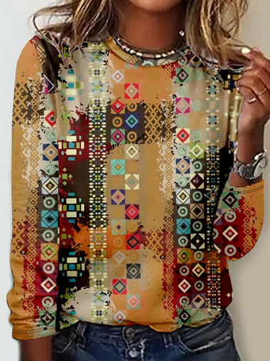 Casual Long Sleeve Crew Neck Ethnic Loose Regular T-Shirt