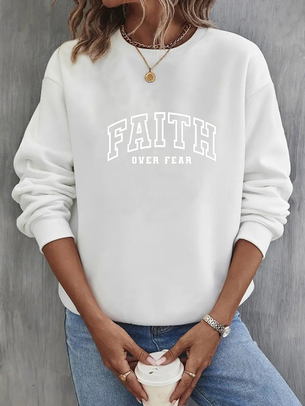 Loose Long Sleeve Crew Neck Text Letters Casual Regular Sweatshirt