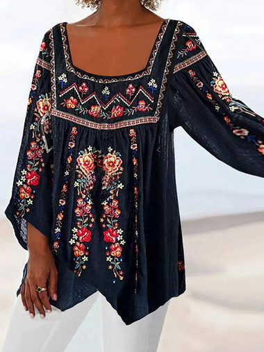 Casual Long Sleeve Square Neck Floral Loose Regular Blouse