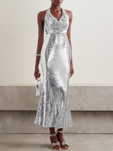 Elegant Gallus V Neck Plain Glitter Maxi Dress