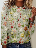 Loose Long Sleeve Crew Neck Floral Casual Regular T-Shirt