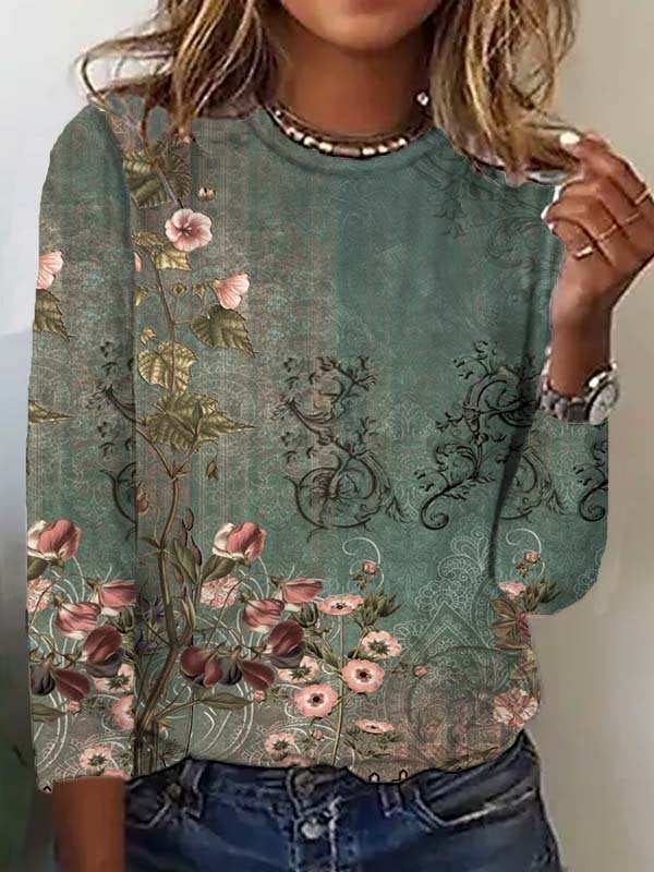 Casual Long Sleeve Crew Neck Floral Loose Regular T-Shirt