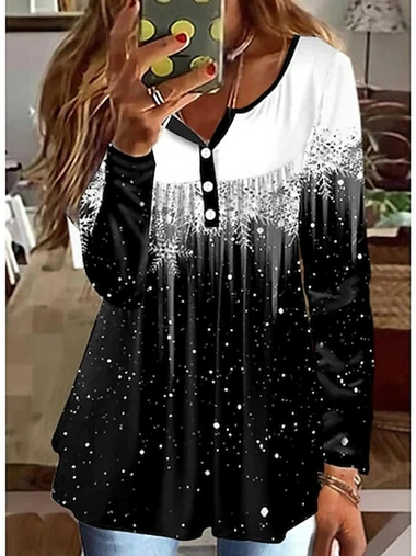 Loose Long Sleeve V Neck Gradient Pattern Casual Regular T-Shirt