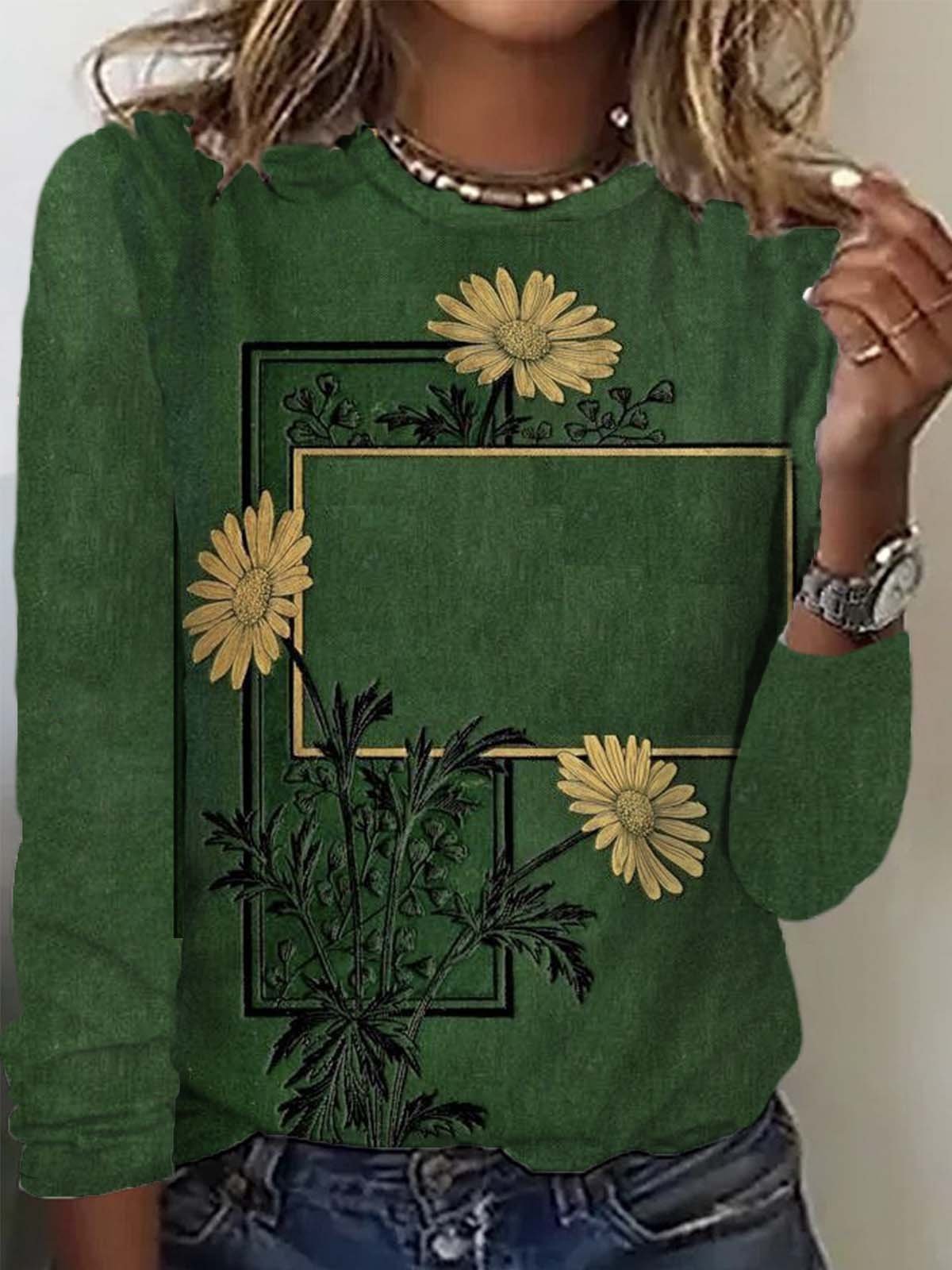 Loose Long Sleeve Crew Neck Floral Casual Regular T-Shirt