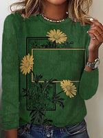 Loose Long Sleeve Crew Neck Floral Casual Regular T-Shirt