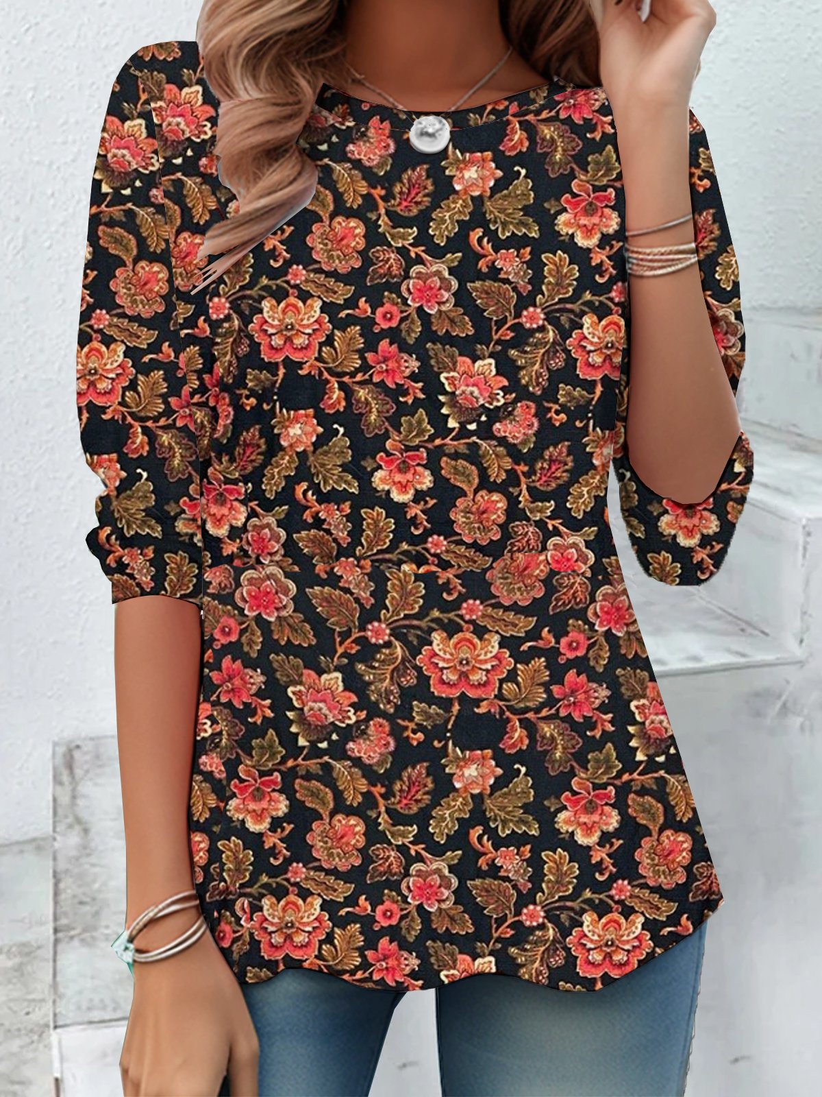 Loose Long Sleeve Crew Neck Floral Casual Regular T-Shirt