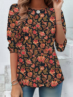 Loose Long Sleeve Crew Neck Floral Casual Regular T-Shirt