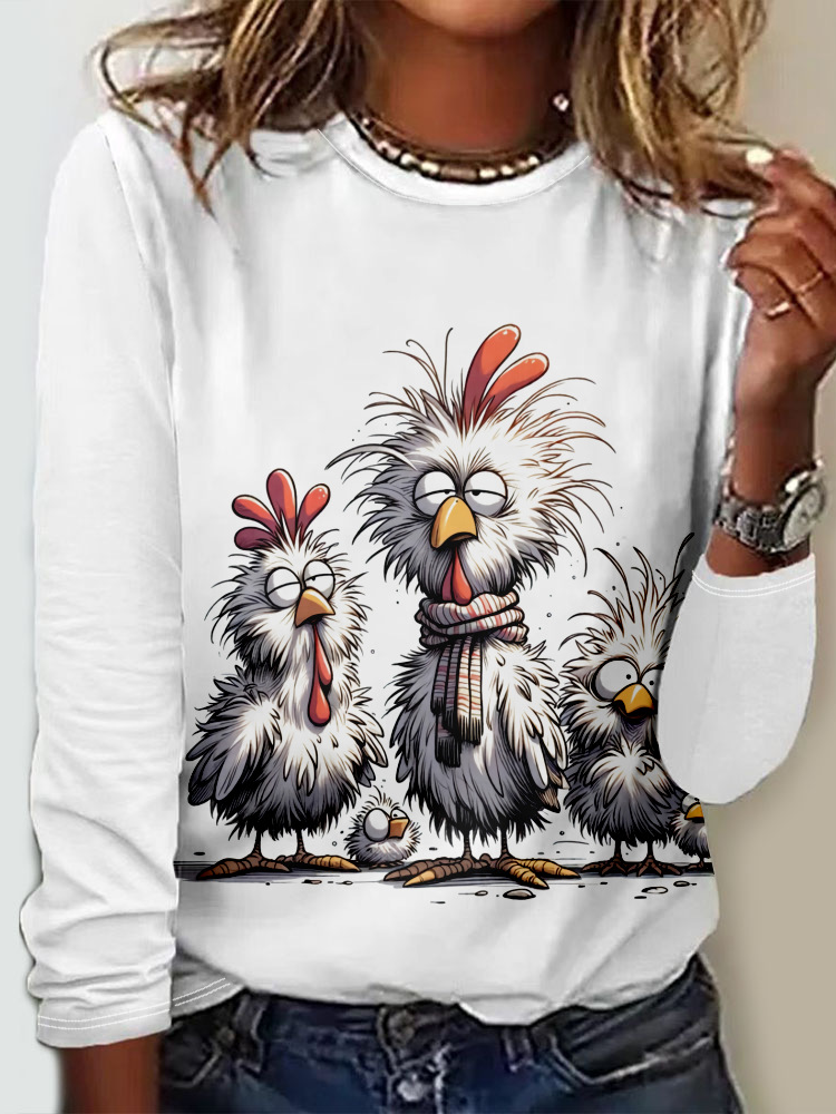 Loose Long Sleeve Crew Neck Animal Casual Regular T-Shirt