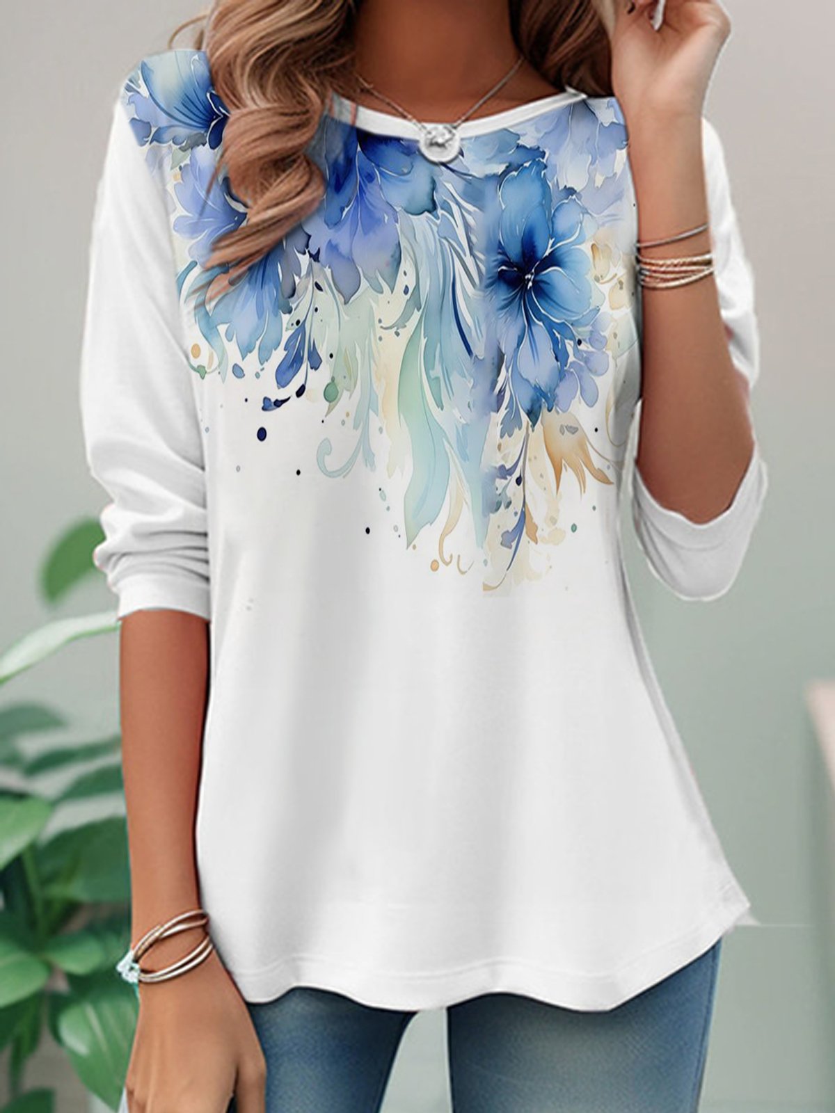Casual Long Sleeve Crew Neck Floral Loose Regular T-Shirt