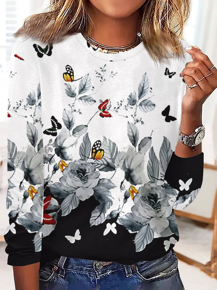 Casual Long Sleeve Crew Neck Color Block Loose Regular T-Shirt