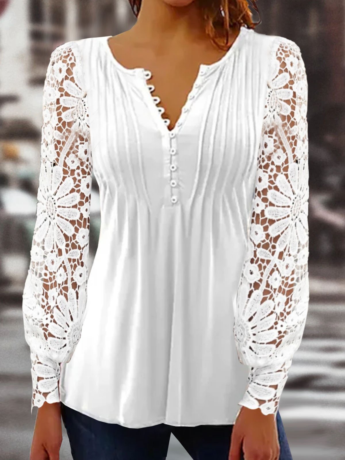 Loose Long Sleeve Notched Plain Hollow Out Casual Regular Blouse