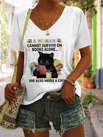 Loose Short Sleeve V Neck Cat Casual Regular T-Shirt