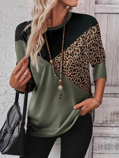 Loose Long Sleeve Crew Neck Color Block Casual Regular T-Shirt