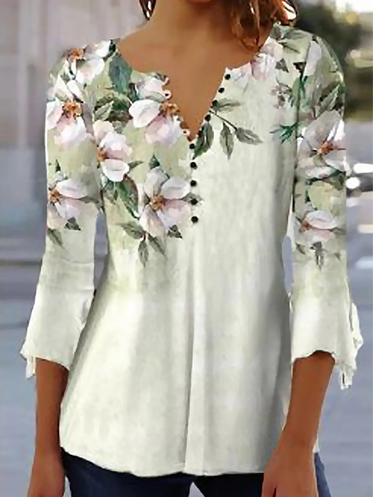 Three Quarter Sleeve V Neck Floral Pattern Elegant Regular Shirt