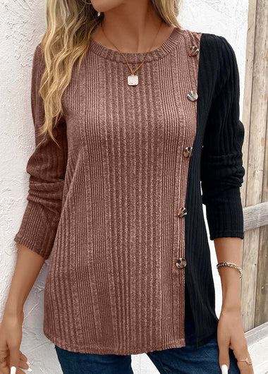 Casual Long Sleeve Crew Neck Color Block Loose Regular Blouse
