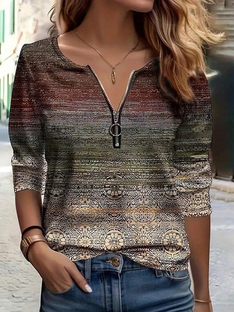 Casual Long Sleeve Crew Neck Geometric Zipper Loose Regular Blouse