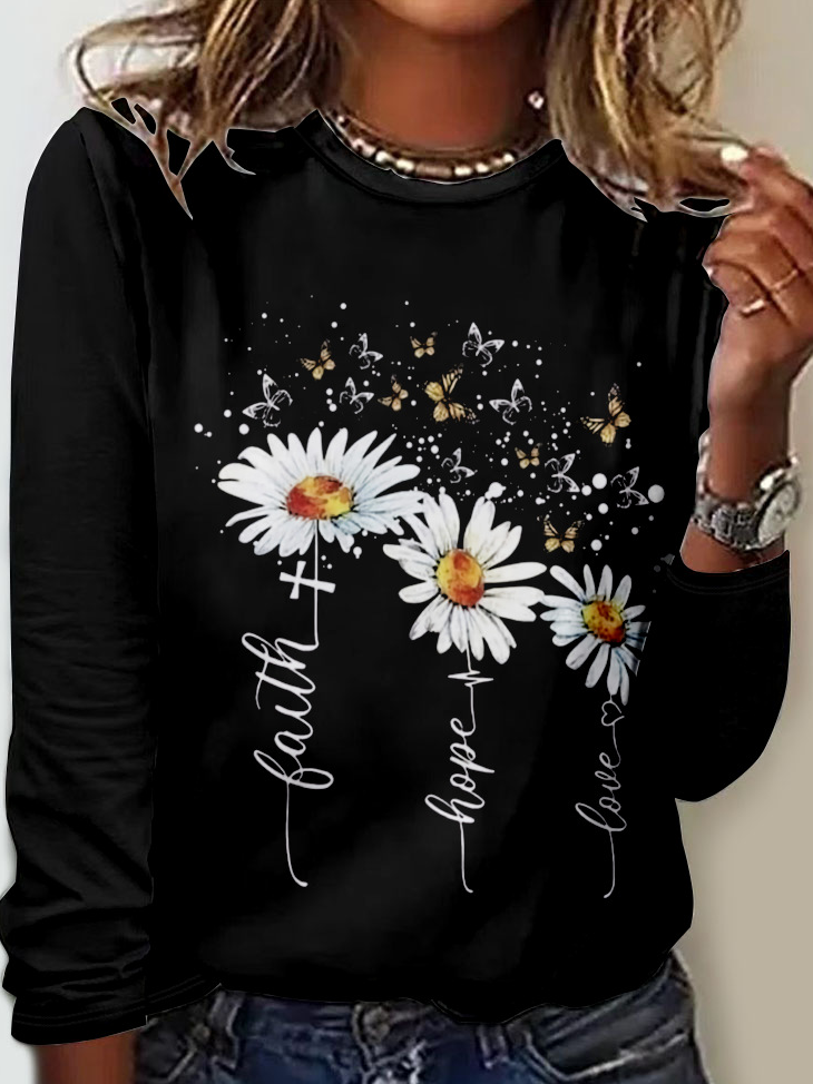 Loose Long Sleeve Crew Neck Floral Casual Regular T-Shirt