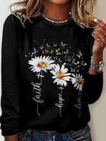 Loose Long Sleeve Crew Neck Floral Casual Regular T-Shirt