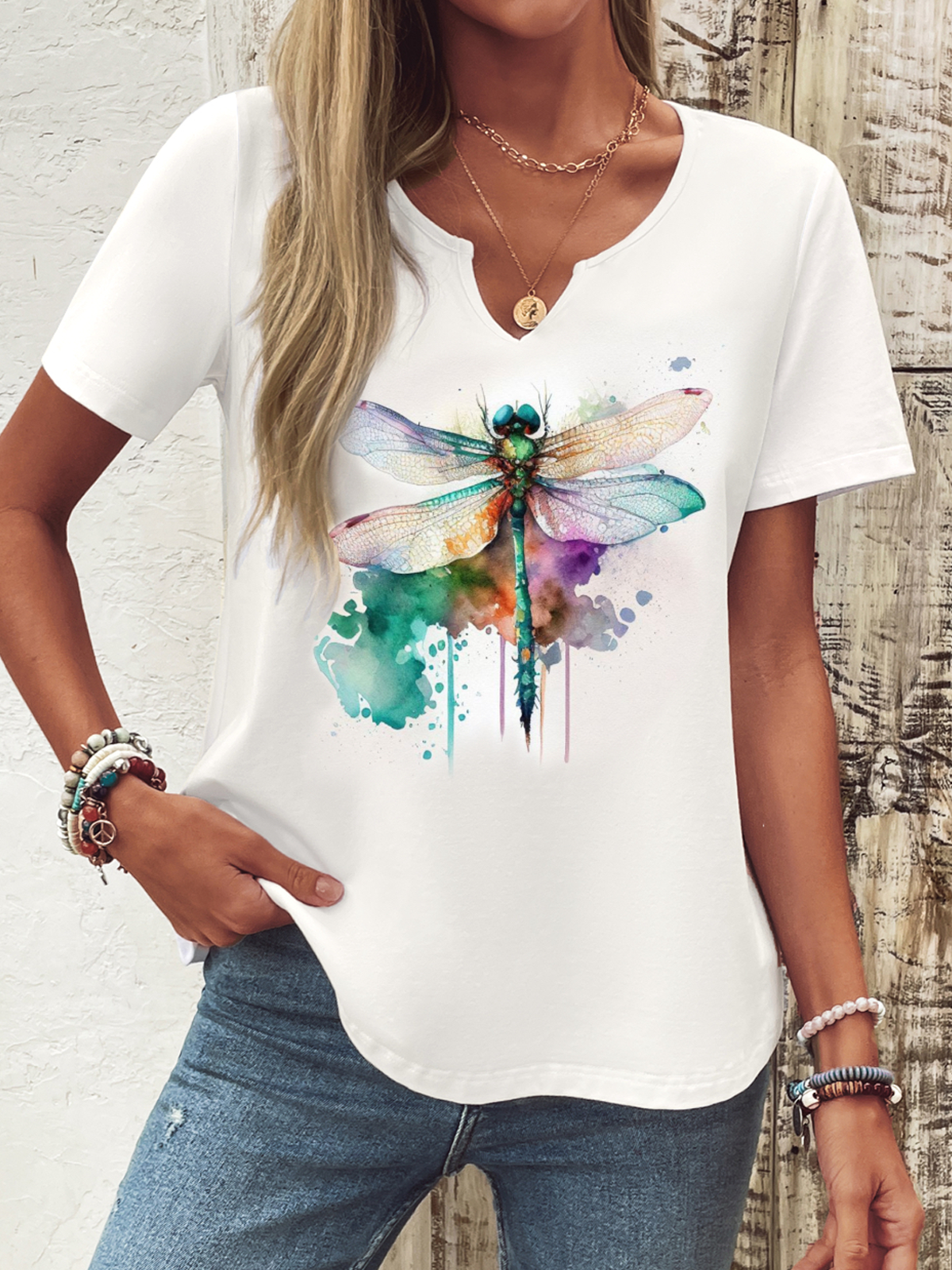 Casual Short Sleeve Notched Dragonfly Loose Regular T-Shirt