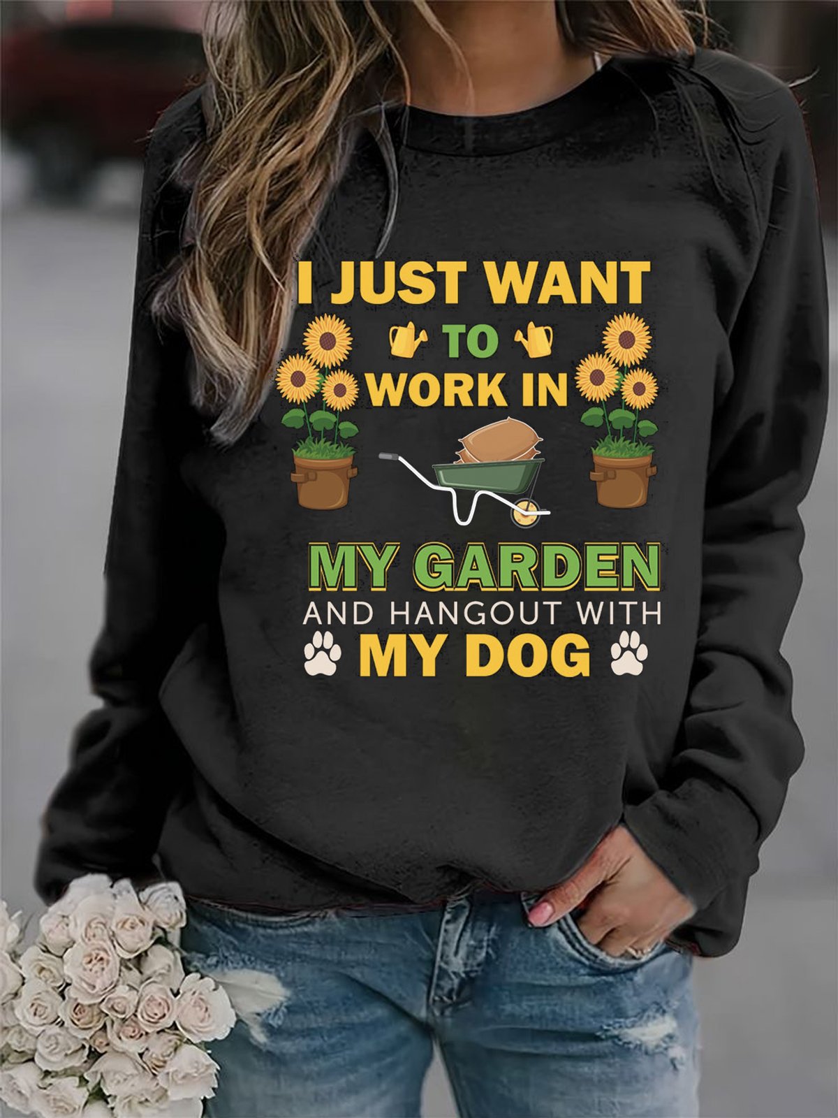 Casual Long Sleeve Crew Neck Letter Pattern Floral Loose Regular Sweatshirt