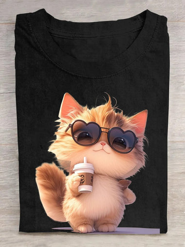 Loose Short Sleeve Crew Neck Cat Casual Regular T-Shirt