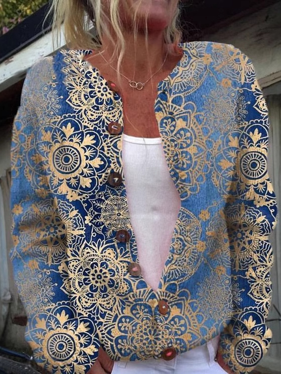 Loose Crew Neck Long Sleeve Floral Casual Regular Jacket