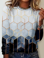 Loose Long Sleeve Crew Neck Geometric Casual Regular T-Shirt