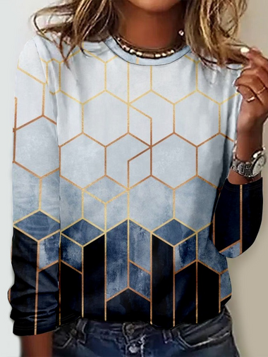Loose Long Sleeve Crew Neck Geometric Casual Regular T-Shirt