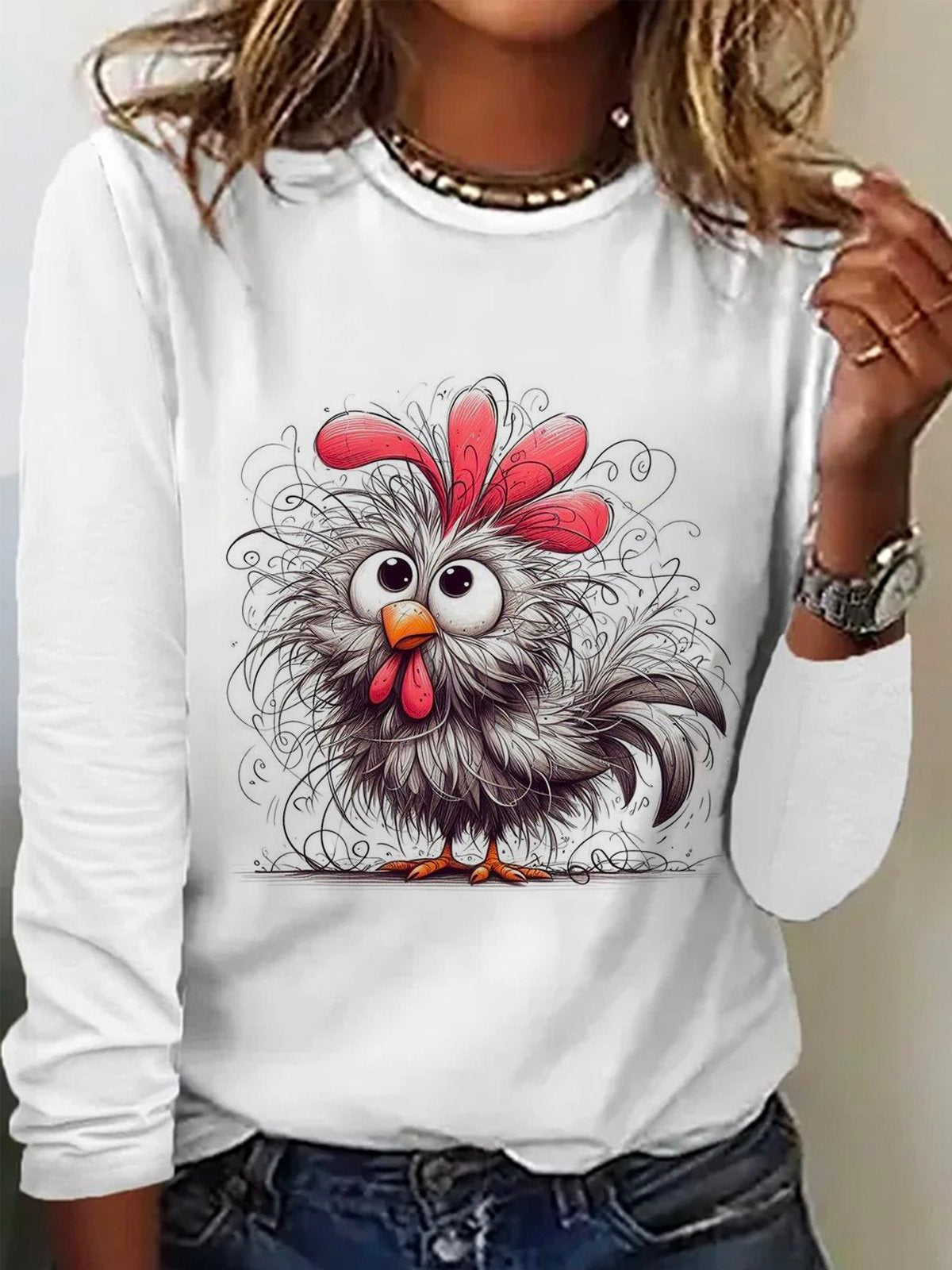 Casual Long Sleeve Crew Neck Animal Loose Regular T-Shirt