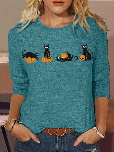Casual Long Sleeve Crew Neck Halloween Loose Regular T-Shirt