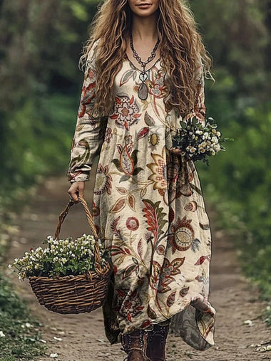 Casual Long Sleeve V Neck Botanical Pattern Maxi Dress