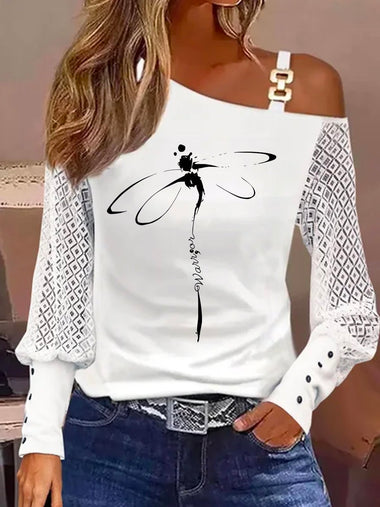 Casual Long Sleeve Asymmetrical Dragonfly Loose Regular Blouse