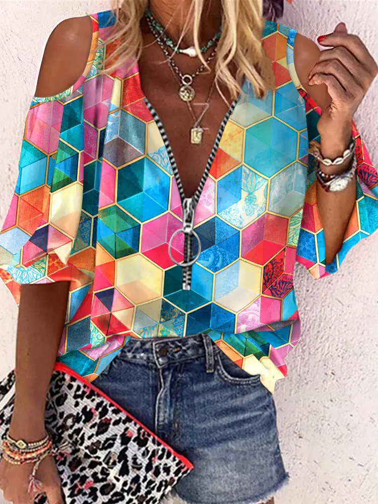 Loose Three Quarter Sleeve V Neck Abstract Graphic Zipper Casual Regular Shirt